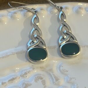 Vintage Sterling Silver Celtic Knot Green Stone Dangle Earrings
